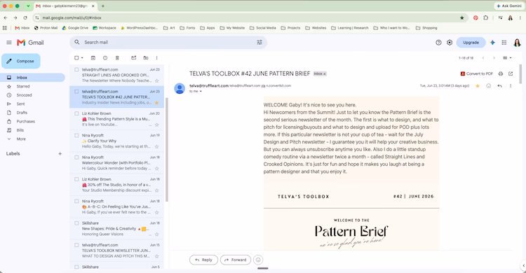 a curated email inbox of surface pattern design newsletters and research